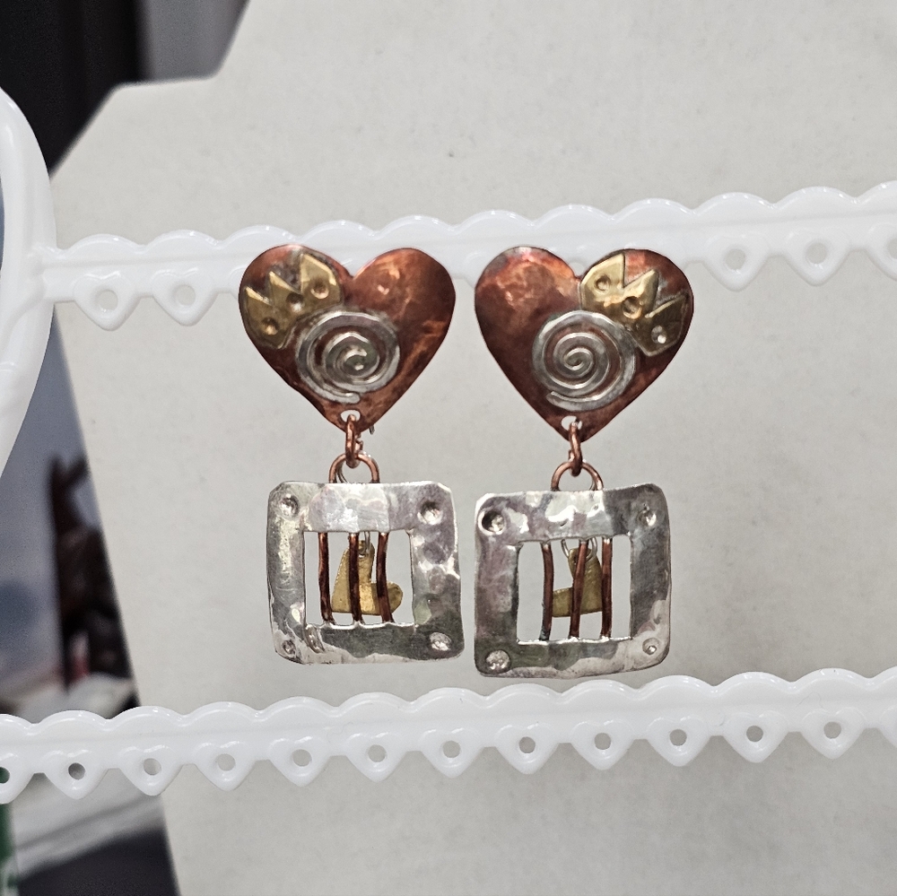 BOLIN “Caged Heart” Mixed Metal Earrings 925 Rare Artisan